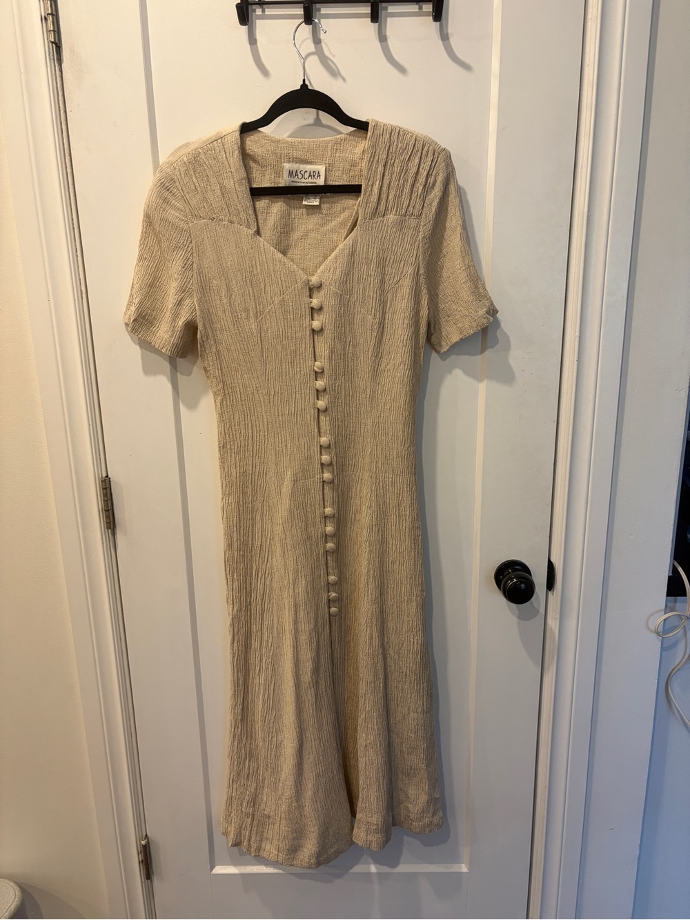 Vintage Button-Front linen blend Midi Dress in Light Beige